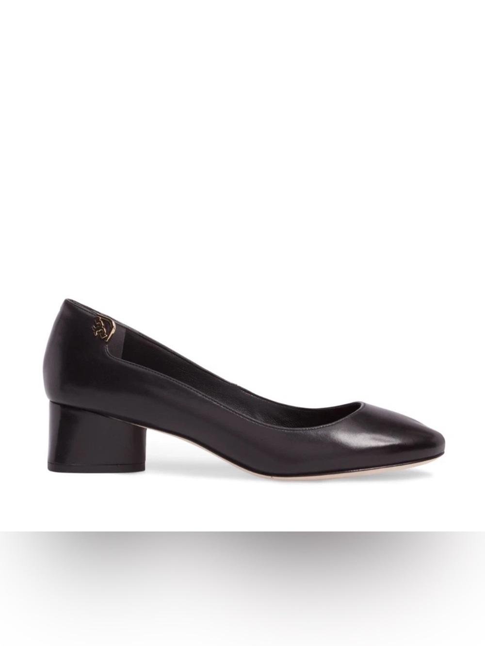 Tory Burch Black Leather Low Block Heel Pumps Gold Logo Size 10M